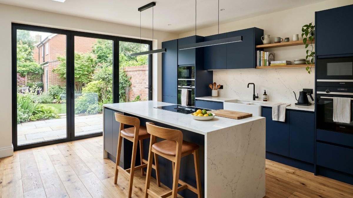 Modern kitchen renovation in progress with tradespeople installing fitted units in a Bromley home