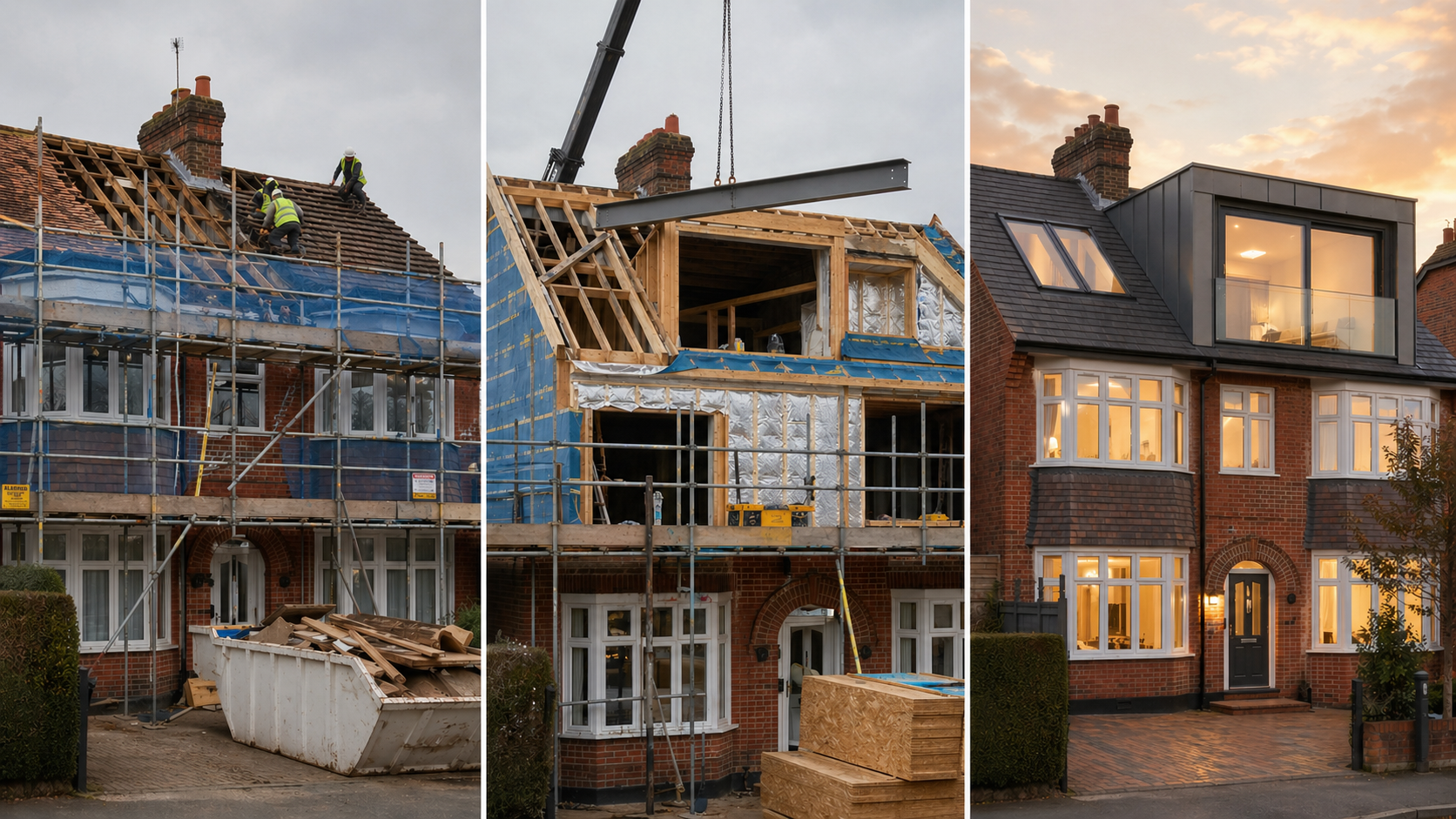 Scaffolding on a 1930s semi-detached house in Sidcup ahead of a loft conversion project