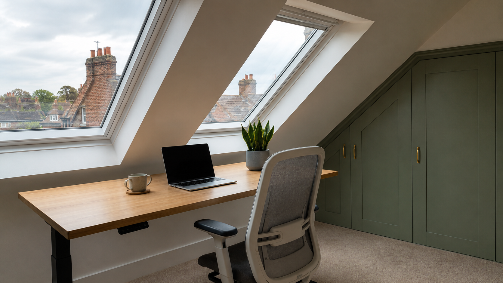 Bright loft home office with roof windows and a standing desk in a South East London home